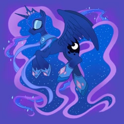 Size: 2000x2000 | Tagged: safe, artist:mediocremare, princess luna, alicorn, pony, g4, ethereal mane, ethereal tail, eyes closed, female, high res, jewelry, mare, purple background, regalia, sad, simple background, solo, spread wings, starry mane, starry tail, tail, wings