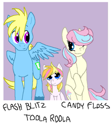 Size: 481x531 | Tagged: safe, artist:ive-moved-bitches, toola roola, oc, oc:candy floss, oc:flash blitz, earth pony, pegasus, pony, g1, g4, earth pony oc, family photo, female, filly, foal, g1 to g4, generation leap, hair over one eye, looking at each other, looking at someone, male, mare, trio