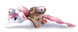 Size: 1023x431 | Tagged: safe, artist:lolepopenon, nurse redheart, oc, earth pony, pony, g4, duo, hat, lying down, lying on top of someone, nurse hat, prone, simple background, transparent background