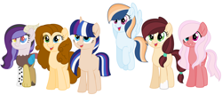 Size: 4964x2120 | Tagged: safe, artist:darlyjay, artist:superstar5883, oc, oc only, oc:bloom pear, oc:bright luck, oc:chocolate cupcake swirls, oc:moon sentry, oc:pearl chaos, oc:windy bolt, earth pony, hybrid, pegasus, pony, unicorn, base used, draconequus hybrid, earth pony oc, female, freckles, happy, heterochromia, horn, horns, interspecies offspring, mare, multicolored eyes, next generation, offspring, open mouth, parent:applejack, parent:big macintosh, parent:cheese sandwich, parent:discord, parent:flash sentry, parent:fluttershy, parent:pinkie pie, parent:rainbow dash, parent:rarity, parent:soarin', parent:trouble shoes, parent:twilight sparkle, parents:cheesepie, parents:flashlight, parents:fluttermac, parents:raricord, parents:soarindash, parents:troublejack, pegasus oc, red pupils, simple background, smiling, unicorn oc, white background