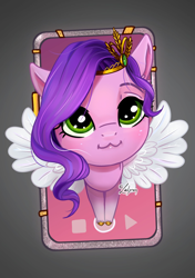 Size: 1748x2480 | Tagged: safe, artist:lailyren, pipp petals, pegasus, pony, g5, :3, adorapipp, breaking the fourth wall, closed mouth, colored wings, crown, cute, eyebrows, feathered wings, female, gradient background, gray background, high res, jewelry, looking at you, mare, pegasus wings, phone, regalia, signature, simple background, solo, spread wings, wings