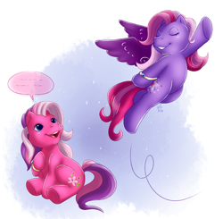 Size: 2000x1956 | Tagged: safe, artist:shini-smurf, cheerilee (g3), starsong, earth pony, pegasus, pony, g3, cheerisong, dancing, flying, jewelry, ring, shipping, simple background, speech bubble, wedding ring