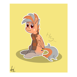 Size: 2400x2400 | Tagged: safe, artist:habiepon3, oc, oc only, oc:habie hardcores, pegasus, pony, clothes, cute, dialogue, high res, looking at you, male, scarf, simple background, sitting, smiling, solo, stallion, striped scarf