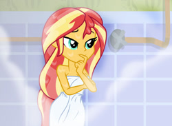 Size: 1024x750 | Tagged: safe, artist:emeraldblast63, sunset shimmer, comic:the tale of two sunsets, equestria girls, g4, bare shoulders, bath, bathroom, female, naked towel, showering, story included, towel, wet, wet hair