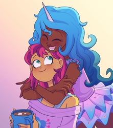 Size: 1080x1223 | Tagged: safe, artist:koolkitty100, izzy moonbow, sunny starscout, human, g5, my little pony: a new generation, bare shoulders, blushing, chocolate, clothes, cute, dark skin, eyes closed, female, food, grin, happy, horn, horned humanization, hot chocolate, hug, humanized, izzybetes, lesbian, looking up, marshmallow, open mouth, painted nails, ship:moonscout, shipping, simple background, skirt, smiling, sunnybetes