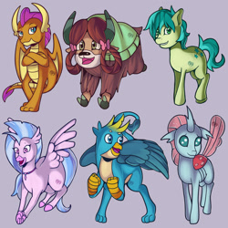 Size: 1024x1024 | Tagged: safe, artist:kenisu-of-dragons, gallus, ocellus, sandbar, silverstream, smolder, yona, changedling, changeling, classical hippogriff, dragon, earth pony, griffon, hippogriff, pony, yak, g4, bow, cloven hooves, colored hooves, cute, diaocelles, diastreamies, dragoness, female, gallabetes, gray background, hair bow, jewelry, male, monkey swings, necklace, open mouth, sandabetes, simple background, smolderbetes, stallion, student six, teenager, yonadorable