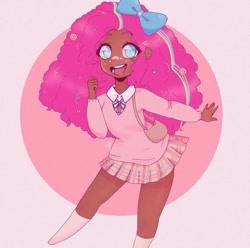 Size: 1125x1118 | Tagged: safe, artist:u/jolijoli3, pinkie pie, human, g4, blue eyes, bow, candy, clothes, cute, dark skin, female, food, happy, humanized, kinky hair, kneesocks, open mouth, pink background, pink hair, pleated skirt, purse, simple background, skirt, socks, solo, sweater vest