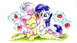 Size: 3972x2235 | Tagged: safe, artist:liaaqila, fluttershy, rarity, pegasus, pony, unicorn, g4, :p, biting, braiding, chest fluff, cute, duo, duo female, eyes closed, female, flower, grass, high res, lesbian, levitation, looking at something, lying down, magic, mare, missing cutie mark, open mouth, open smile, outdoors, prone, raribetes, ship:flarity, shipping, shyabetes, smiling, spread wings, telekinesis, tongue bite, tongue out, traditional art, wings