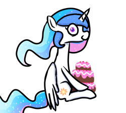 Size: 4000x3580 | Tagged: safe, artist:nitlynjane, princess celestia, princess luna, alicorn, pony, g4, cake, cakelestia, ethereal mane, eye clipping through hair, eye reflection, female, folded wings, food, high res, looking at you, mare, reflection, simple background, sitting, smiling, smiling at you, solo, starry mane, transparent background, wings