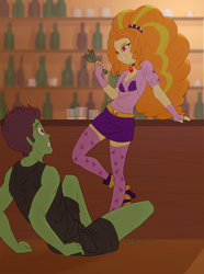 Size: 5233x7030 | Tagged: safe, artist:carnifex, adagio dazzle, oc, oc:protein shake, comic:we will be adored, equestria girls, g4, adagio gonna get ya, alternate clothes, bar, clothes, disguise, disguised siren, duo, female, gem, imminent violence, looking at each other, looking at someone, male, siren gem, skirt, threatening