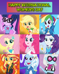 Size: 1920x2400 | Tagged: safe, edit, edited screencap, editor:itsmgh1203, screencap, applejack, fluttershy, photo finish, pinkie pie, rainbow dash, rarity, sci-twi, sunset shimmer, trixie, twilight sparkle, equestria girls, g4, my little pony equestria girls: better together, applejack's hat, bowtie, bracelet, clothes, cowboy hat, cutie mark on clothes, female, geode of empathy, geode of fauna, geode of shielding, geode of sugar bombs, geode of super speed, geode of super strength, geode of telekinesis, glasses, grin, hairpin, hat, high res, hoodie, humane five, humane seven, humane six, international women's day, jewelry, magical geodes, necklace, open mouth, open smile, ponytail, rarity peplum dress, smiling, tank top, women's day