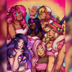 Size: 1280x1280 | Tagged: safe, artist:artsbysmarty, applejack, fluttershy, pinkie pie, rainbow dash, rarity, twilight sparkle, human, g4, blushing, choker, dark skin, detailed background, female, group, hat, humanized, jewelry, lipstick, looking at you, looking up, mane six, open mouth, ring, smiling, teeth