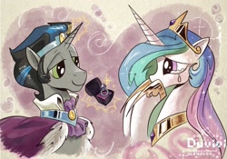 Size: 2048x1431 | Tagged: safe, artist:duvivi, idw, king sombra, princess celestia, alicorn, pony, unicorn, g4, reflections, crown, crying, cute, cutelestia, duo, engagement ring, female, good end, good king sombra, heart, heart background, hoof over mouth, i can't believe it's not idw, jewelry, levitation, lidded eyes, magic, male, mare, marriage proposal, regalia, ring, ship:celestibra, shipping, smiling, sombradorable, stallion, straight, style emulation, sweet dreams fuel, tears of joy, telekinesis