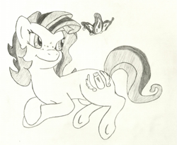 Size: 691x568 | Tagged: safe, artist:note-sketch, oc, oc:milky way, butterfly, earth pony, pony, female, lying down, mare, monochrome, requested art, sketch, solo