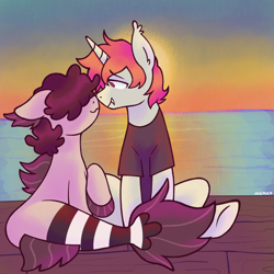 Size: 1280x1280 | Tagged: safe, artist:mxmx fw, oc, oc only, oc:mxmx fw, oc:stripe, bat pony, bat pony unicorn, hybrid, merpony, pony, siren, unicorn, beach, boop, clothes, curly hair, duo, duo male, ear fluff, ear tufts, ears back, eyebrows, eyebrows visible through hair, fangs, fish tail, gay, hair over eyes, horn, male, no pupils, noseboop, ocean, outdoors, ponified, raised hoof, shirt, signature, sitting, sky, smiling, stallion, stripes, sun, sunset, t-shirt, tail, underhoof, water