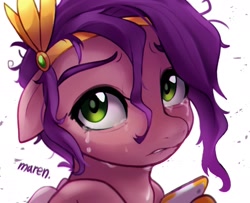 Size: 2048x1667 | Tagged: safe, artist:maren, pipp petals, pegasus, pony, g5, aside glance, bust, circlet, crying, dishevelled, female, floppy ears, folded wings, frown, lip bite, looking at you, mare, messy mane, phone, sad, solo, stray strand, teary eyes, three quarter view, wings