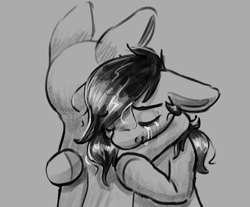 Size: 1114x924 | Tagged: safe, artist:aliceg, oc, oc:floor bored, pony, hug, monochrome