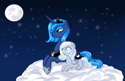 Size: 1317x857 | Tagged: safe, artist:darkcrazyd, artist:ydalirwendigo, princess luna, oc, oc:snowdrop, alicorn, pegasus, pony, g4, 2014, cloud, female, filly, foal, full moon, mare, moon, night, s1 luna