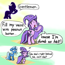 Size: 2000x2000 | Tagged: safe, artist:ebbysharp, starlight glimmer, trixie, pony, unicorn, g4, ..., aqua teen hunger force, bipedal, cape, clothes, clothing theft, doctor weird, hat, high res, impersonating, mocking, speech bubble, trixie is not amused, trixie's cape, trixie's hat, unamused