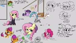 Size: 1920x1080 | Tagged: safe, artist:tjpones, fluttershy, pinkie pie, rainbow dash, smolder, spike, sunset shimmer, twilight sparkle, oc, oc:tjpones, alicorn, dragon, earth pony, pegasus, pony, robot, robot pony, unicorn, werewolf, equestria girls, g4, alternate hairstyle, art dump, bust, eyepatch, female, filly, filly twilight sparkle, fluttergoth, foal, food, gray background, guillotine, hipstershy, kissy face, male, mare, meat, mouth hold, pencil, pirate costume, pirate twilight, scooby-doo and the ghoul school, ship:spolder, shipping, simple background, squatpony, stallion, steak, straight, treasure chest, twiggie, unicorn twilight, winnie the werewolf, younger