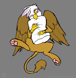 Size: 2000x2062 | Tagged: safe, artist:somber, gilda, griffon, g4, butt, cute, female, gildadorable, gray background, high res, one eye closed, paw pads, pillow, plot, simple background, solo