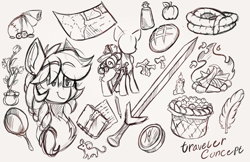 Size: 2260x1462 | Tagged: safe, artist:star-theft, oc, oc only, mouse, pony, apple, bread, campfire, compass, food, frying pan, map, rope, sketch, sketch dump, solo, sword, weapon