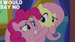 Size: 1280x720 | Tagged: safe, edit, edited screencap, editor:quoterific, screencap, fluttershy, pinkie pie, earth pony, pegasus, pony, g4, season 5, the one where pinkie pie knows, duo, female, mare, open mouth, text, twilight's castle