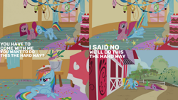 Size: 1280x720 | Tagged: safe, edit, edited screencap, editor:quoterific, screencap, gummy, pinkie pie, rainbow dash, alligator, earth pony, pegasus, pony, g4, party of one, season 1, eyes closed, female, male, mare, out of context, pinkamena diane pie, spread wings, sugarcube corner, text, wings