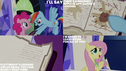 Size: 1280x720 | Tagged: safe, edit, edited screencap, editor:quoterific, screencap, fluttershy, pinkie pie, rainbow dash, earth pony, pegasus, pony, fame and misfortune, g4, season 7, female, flying, implied applejack, mare, open mouth, open smile, smiling, spread wings, text, twilight's castle, wings