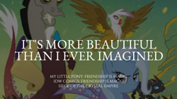 Size: 1280x720 | Tagged: safe, edit, editor:quoterific, idw, discord, gilda, thorax, trixie, changeling, draconequus, griffon, pony, unicorn, g4, siege of the crystal empire, angry, cape, clothes, female, male, mare, open mouth, serious, serious face, text, trixie's cape