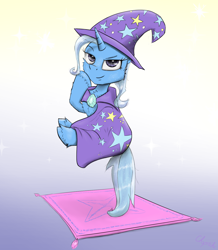 Size: 2500x2867 | Tagged: safe, artist:chopsticks, trixie, pony, unicorn, g4, cape, cheek fluff, chest fluff, clothes, female, hat, high res, levitation, looking at you, magic trick, rug, smiling, smiling at you, smug, solo, tail, tail stand, telekinesis, trixie's cape, trixie's hat, unshorn fetlocks