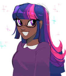 Size: 1280x1452 | Tagged: safe, artist:pygmimi, twilight sparkle, human, g4, beautiful, blushing, clothes, cute, dark skin, female, glasses, grin, humanized, looking right, meganekko, nerd, open mouth, simple background, sketch, smiling, solo, sparkles, sweater vest, twiabetes, unfinished art