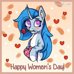 Size: 2700x2700 | Tagged: safe, artist:ingolf arts, oc, oc only, oc:pearl wave, original species, pony, shark, shark pony, unicorn, bust, cute, female, fish tail, flower, grin, high res, horn, looking at you, mare, rose, simple background, smiling, smiling at you, solo, tail