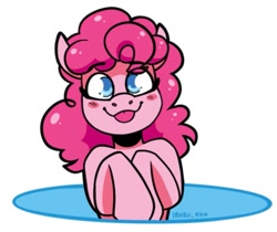 Size: 923x774 | Tagged: safe, artist:lrusu, pinkie pie, earth pony, pony, g4, blushing, looking at you, portal, raspberry, simple background, smiling, solo, tongue out, white background