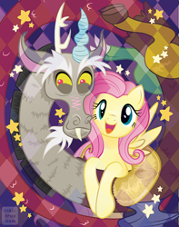 Size: 500x636 | Tagged: safe, artist:inki-drop, discord, fluttershy, draconequus, pegasus, pony, g4, abstract background, duo, female, looking at you, male, open mouth, open smile, ship:discoshy, shipping, smiling, spiral, spread wings, stars, straight, wings