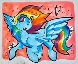 Size: 2048x1686 | Tagged: safe, artist:aarops, rainbow dash, pegasus, pony, g4, blushing, floppy ears, flying, looking at you, open mouth, solo, spread wings, surprised, traditional art, wings