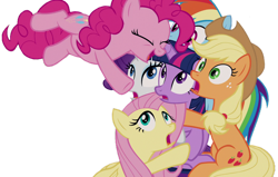 Size: 1280x816 | Tagged: safe, edit, edited screencap, editor:twilyisbestpone, screencap, applejack, fluttershy, pinkie pie, rainbow dash, rarity, twilight sparkle, alicorn, earth pony, pegasus, pony, unicorn, g4, season 9, the summer sun setback, background removed, cute, diapinkes, female, gasp, glomp, hug, incoming hug, mane six, mare, not a vector, pounce, simple background, this will end in hugs, transparent background, twilight sparkle (alicorn), uh oh