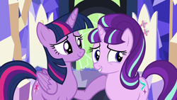 Size: 1280x720 | Tagged: safe, screencap, starlight glimmer, twilight sparkle, alicorn, pony, unicorn, g4, season 5, the cutie re-mark, duo, duo female, female, grin, mare, nervous, nervous smile, smiling, twilight sparkle (alicorn)