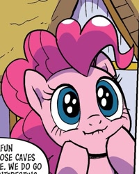 Size: 537x670 | Tagged: safe, artist:pencils, idw, pinkie pie, earth pony, pony, g4, season 10, spoiler:comic94, :3, cropped, cute, diapinkes, lip bite, solo