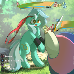 Size: 1200x1200 | Tagged: safe, artist:grithcourage, bon bon, lyra heartstrings, sweetie drops, earth pony, pony, unicorn, g4, anime style, dialogue, duo, duo female, female, game, health bars, sword, weapon