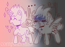 Size: 1062x765 | Tagged: safe, artist:cutiesparke, pegasus, pony, unicorn, chest fluff, choker, crossover, duo, eddsworld, fluffy, gradient background, happy, heart, lightly watermarked, male, matt (eddsworld), nervous, ponified, shocked, simple background, sparkles, spread wings, sweat, sweating profusely, tord (eddsworld), watermark, wings