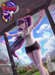 Size: 2107x2851 | Tagged: safe, artist:rysunkowasucharia, starlight glimmer, human, comic:equestria girls curse and madness, equestria girls, g4, breasts, canterlot high, city, cleavage, clothes, cloud, comic cover, cover, cutie mark on equestria girl, entrance, fanfic art, female, grin, high res, logo, miniskirt, s5 starlight, scenery, skirt, sky, smiling, solo, statue