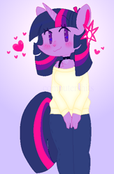 Size: 1176x1800 | Tagged: safe, artist:cutiesparke, twilight sparkle, unicorn, anthro, g4, bra, bra strap, choker, clothes, female, hair accessory, heart, jeans, lightly watermarked, pants, simple background, smiling, solo, sparkles, sparkly eyes, sweater, underwear, unicorn twilight, watermark, wingding eyes