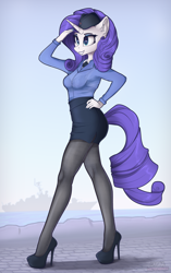 Size: 3400x5400 | Tagged: safe, artist:lakunae, rarity, unicorn, anthro, blouse, bra, breasts, clothes, eyeshadow, female, high heels, high res, lipstick, long legs, makeup, mare, miniskirt, pantyhose, pencil skirt, reasonably sized breasts, see-through, shoes, simple background, skirt, smiling, solo, underwear