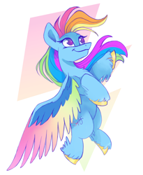 Size: 2060x2514 | Tagged: safe, artist:saphypone, rainbow dash, pegasus, pony, g4, colored hooves, colored wings, female, g5 concept leak style, high res, looking up, mare, multicolored mane, multicolored wings, no pupils, raised hoof, smiling, solo, spread wings, style emulation, unshorn fetlocks, wings