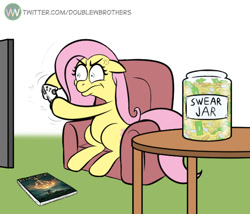 Size: 575x492 | Tagged: safe, artist:doublewbrothers, fluttershy, pegasus, pony, g4, angry, chair, coin, controller, couch, cross-popping veins, elden ring, female, floppy ears, gamershy, mare, money, playing, solo, swear jar, table, television, video game