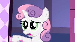 Size: 1280x720 | Tagged: safe, screencap, sweetie belle, pony, unicorn, g4, season 2, sisterhooves social, cute, diasweetes, dilated pupils, female, filly, foal, open mouth, solo