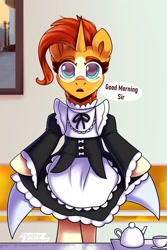 Size: 1467x2200 | Tagged: safe, artist:shadowreindeer, sunburst, pony, unicorn, semi-anthro, g4, arm hooves, bipedal, clothes, crossover, female, maid, mare, rule 63, sunstone