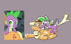 Size: 880x545 | Tagged: safe, artist:mermaxthegoat572, edit, edited screencap, screencap, applejack, spike, dragon, pony, g4, spike at your service, back scratching, bruh, butt grab, butt touch, female, grabbing, grope, hand on butt, male, out of context, parody, piggyback ride, scene interpretation, scene parody, screencap reference, ship:applespike, shipping, shitposting, straight