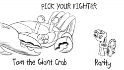 Size: 1200x675 | Tagged: safe, artist:pony-berserker, rarity, oc, oc:tom the crab, crab, giant crab, pony, unicorn, pony-berserker's twitter sketches, pony-berserker's twitter sketches (2022), g4, grayscale, monochrome, rarity fighting a giant crab, simple background, white background